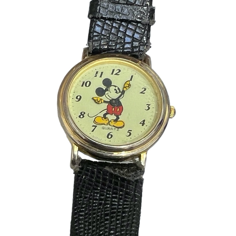 VINTAGE MICKEY MOUSE QUARTZ WATCH - GOLD TONE W YELLOW FACE KREISLER LIZARD BAND